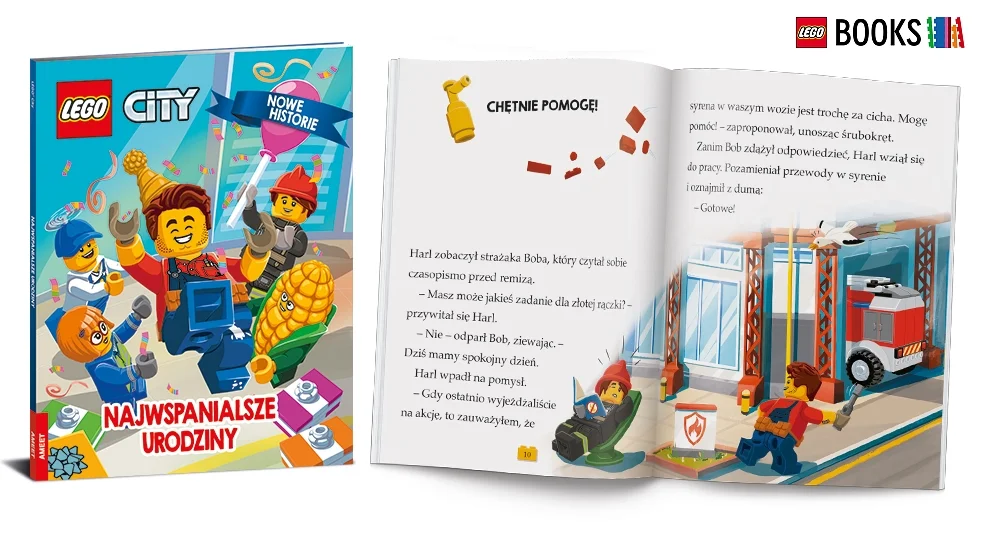 Okładka i przykładowe strony książki "LEGO® City: Najwspanialsze urodziny"