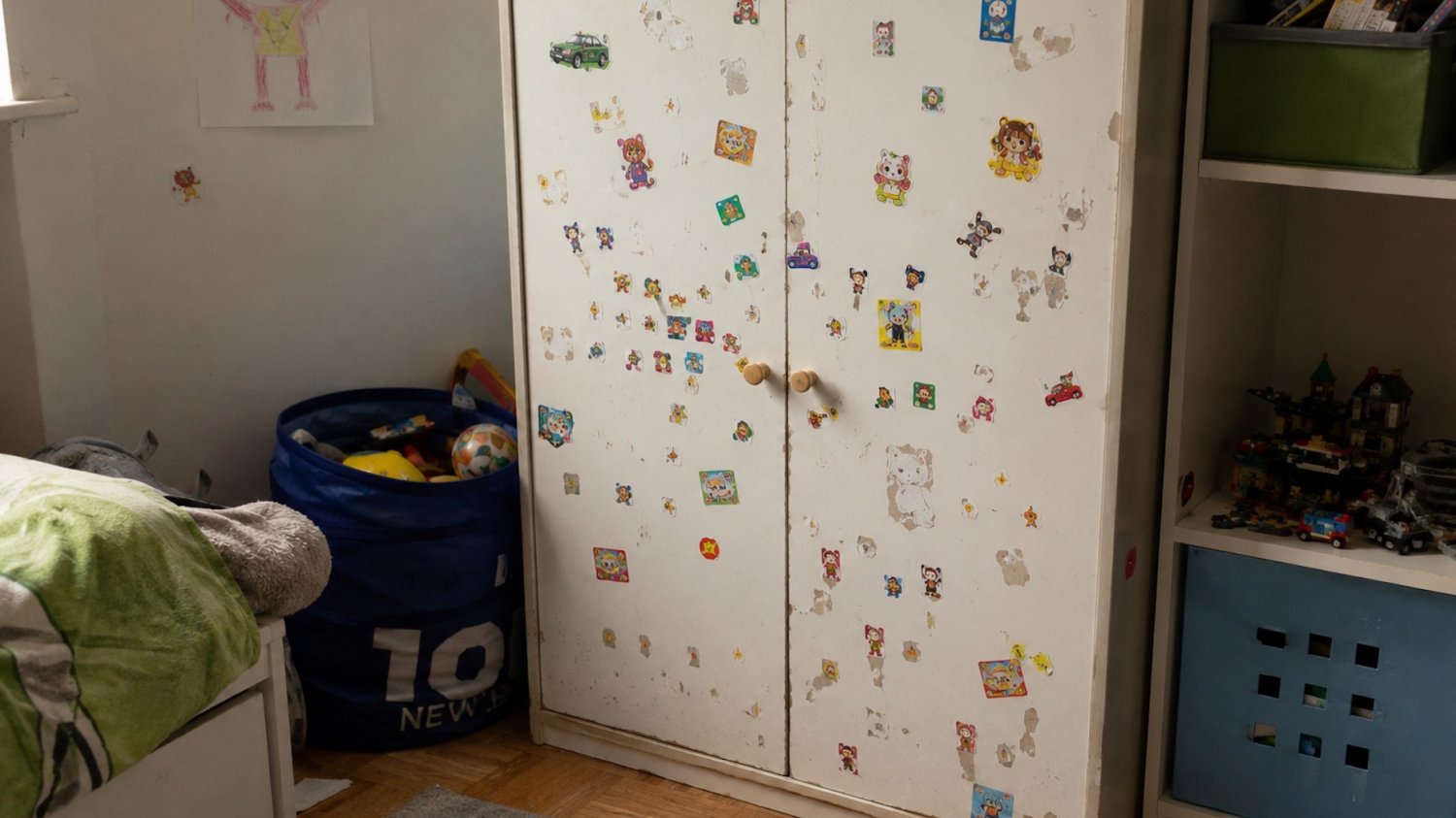 Na zdjęciu szafa w pokoju dziecka z naklejonymi naklejkami.