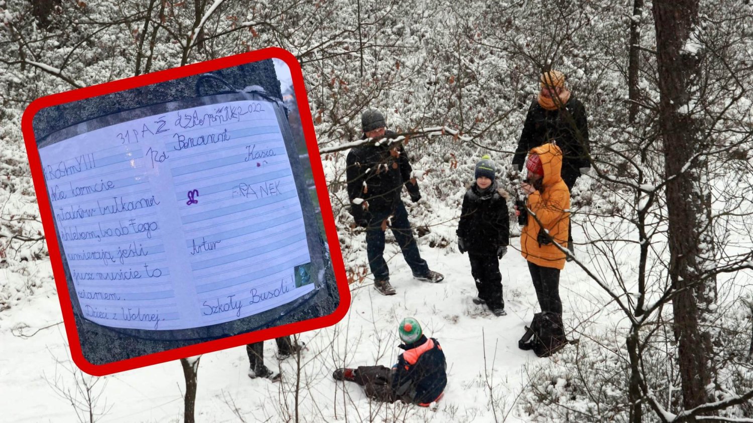 Uczniowie szkoły podstawowej zawiesili kartkę na drzewie: ważny apel