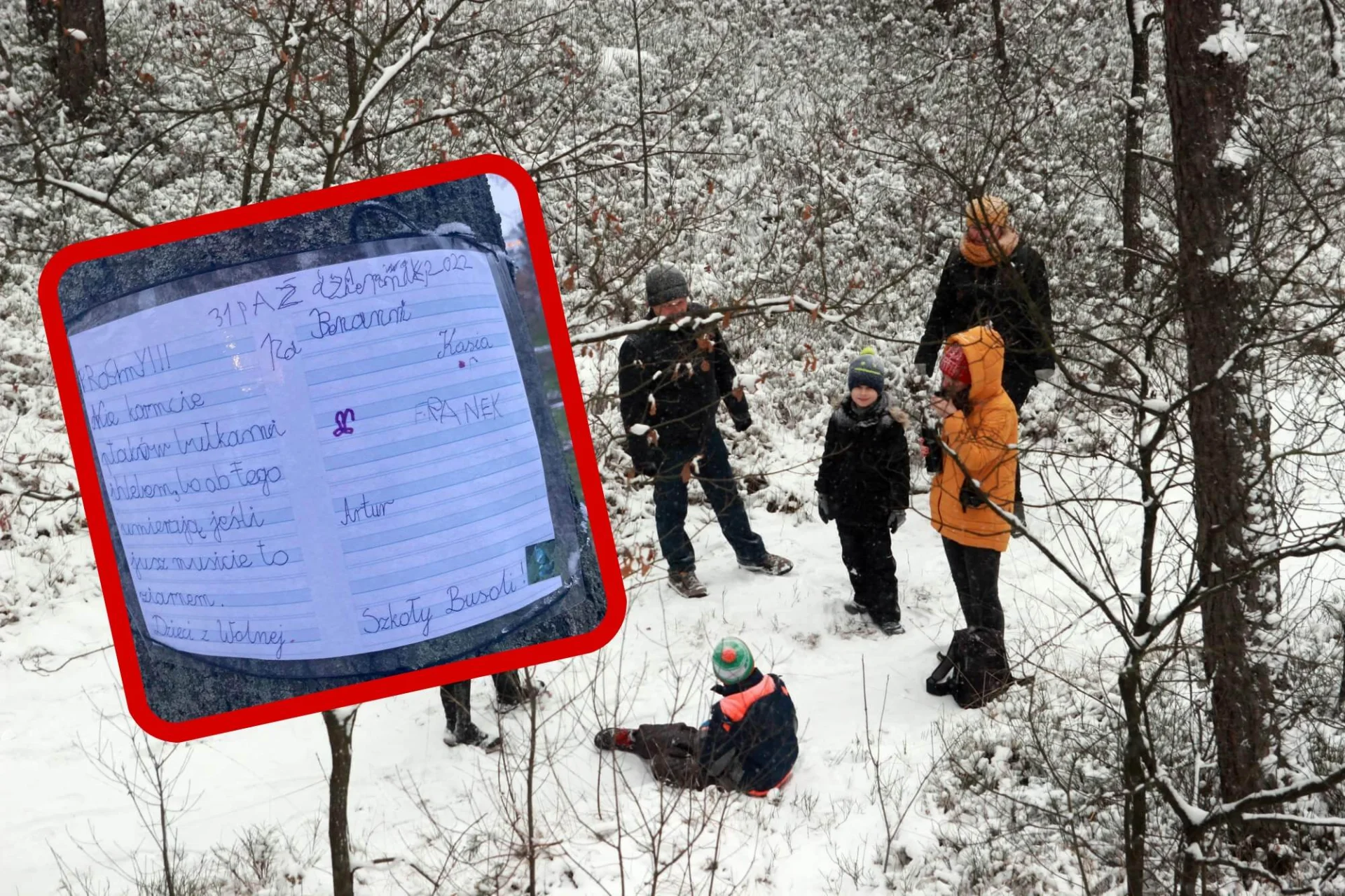 Uczniowie szkoły podstawowej zawiesili kartkę na drzewie: ważny apel