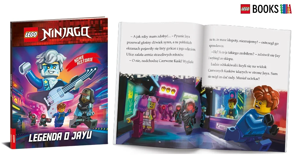 Okładka i przykładowe strony książki "LEGO® NINJAGO®: Legenda o Jayu"