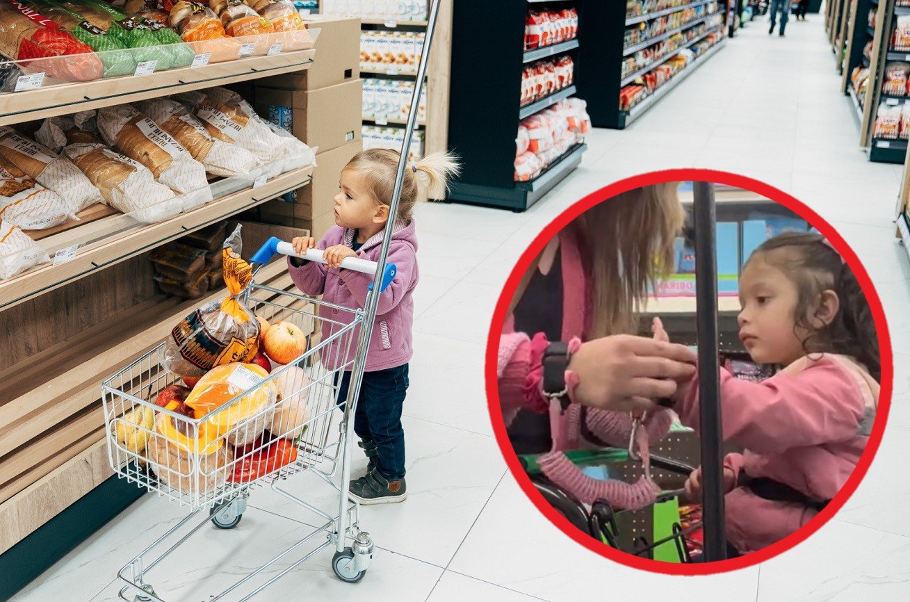 matka prowadzi dziecko na smyczy