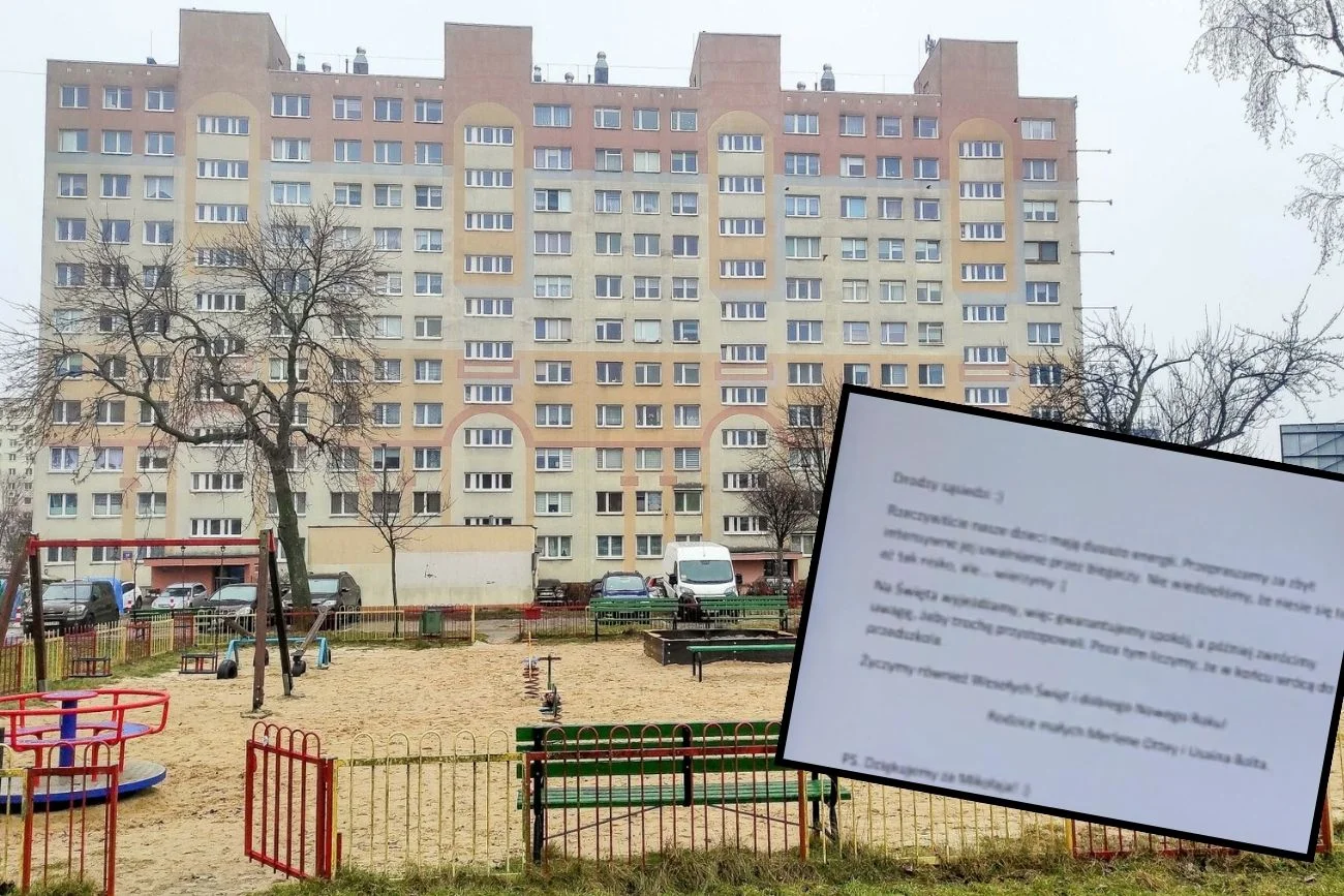 Plac zabaw i blok na osiedlu.