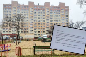 Plac zabaw i blok na osiedlu.
