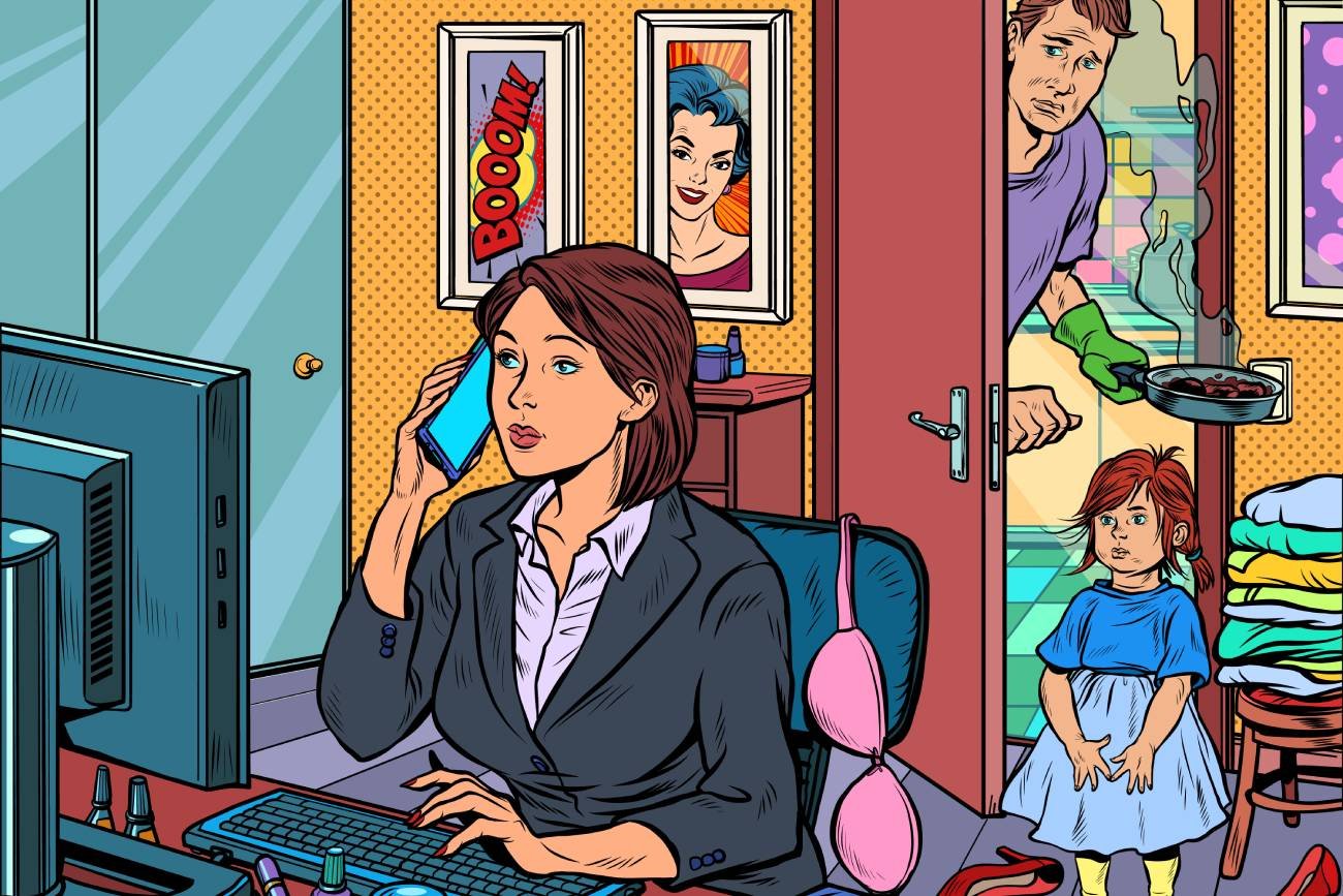 Pracująca kobieta, której mąż i dziecko czekają na wypełnienie obowiązków.