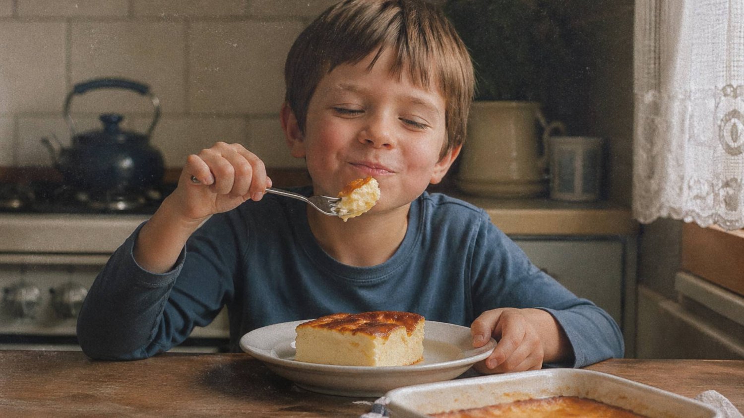 chłopiec w kuchni przy stole je pieczone mleko chłopiec w kuchni przy stole je pieczone mleko