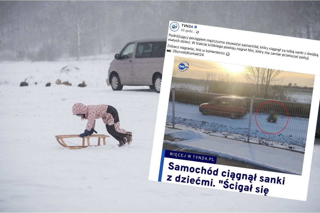 Kierowca przywiązał sanki z dwójką małych dzieci do haku holowniczego.