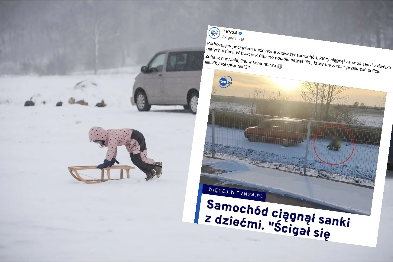 Kierowca przywiązał sanki z dwójką małych dzieci do haku holowniczego.