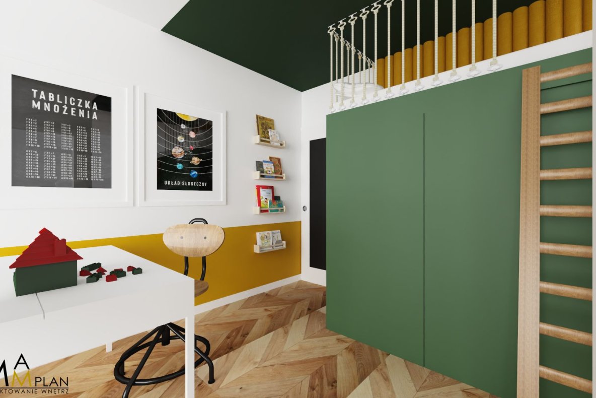 Pod łóżkiem na antresoli zmieści się pakowna szafa na ubrania i zabawki.