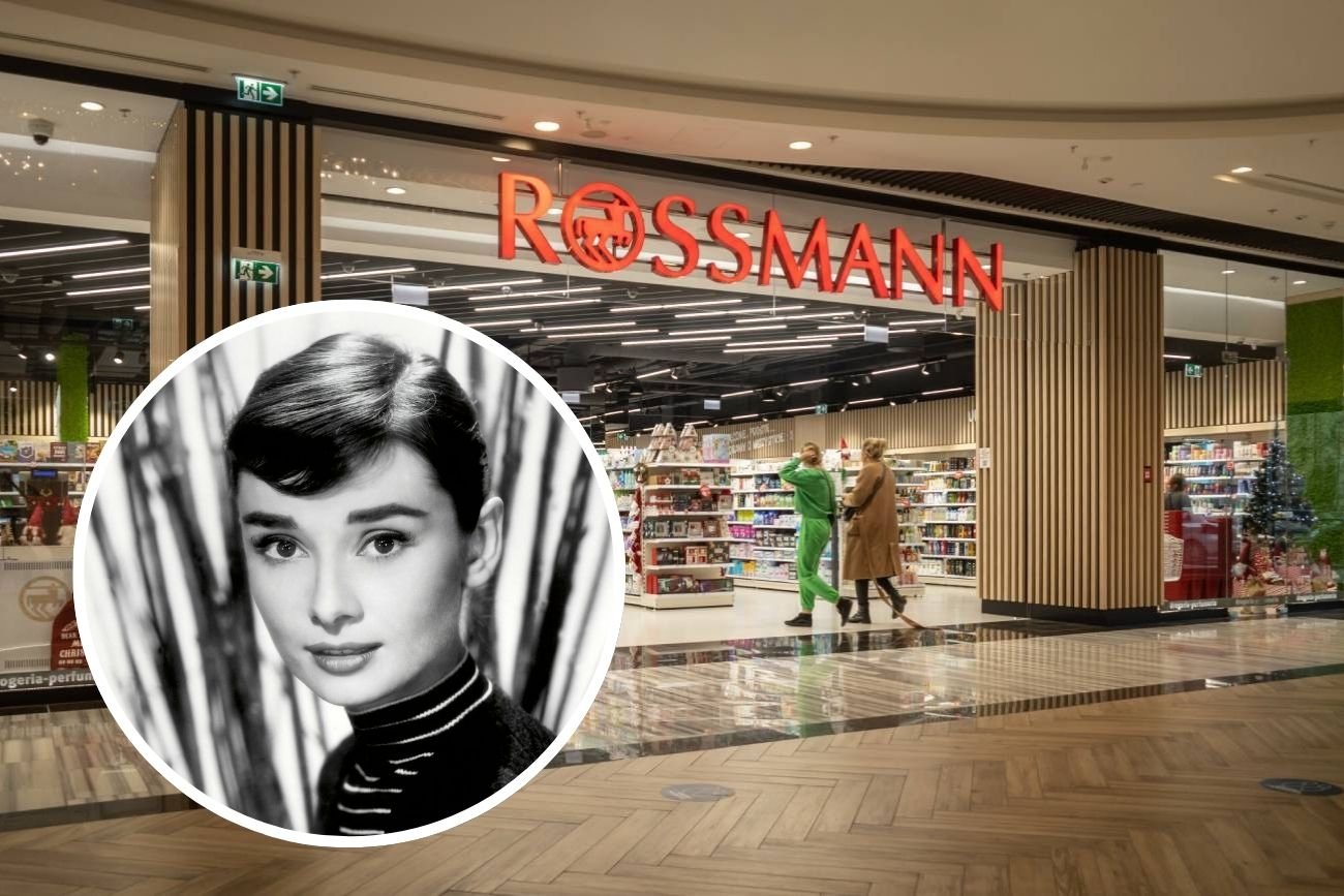 Zdjęcie Audrey Hepburn i sklep sieci Rossmann.