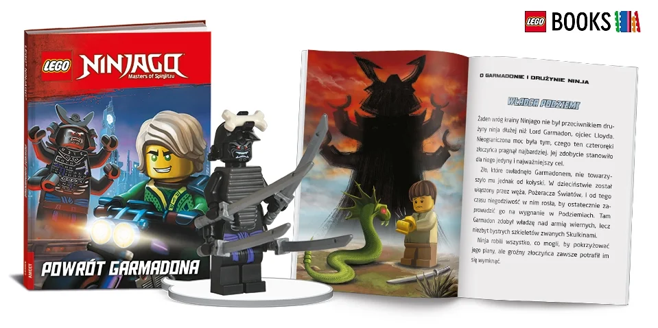 Okładka i przykładowe strony książki "LEGO® NINJAGO®: Powrót Garmadona" z minifigurką tytułowej postaci