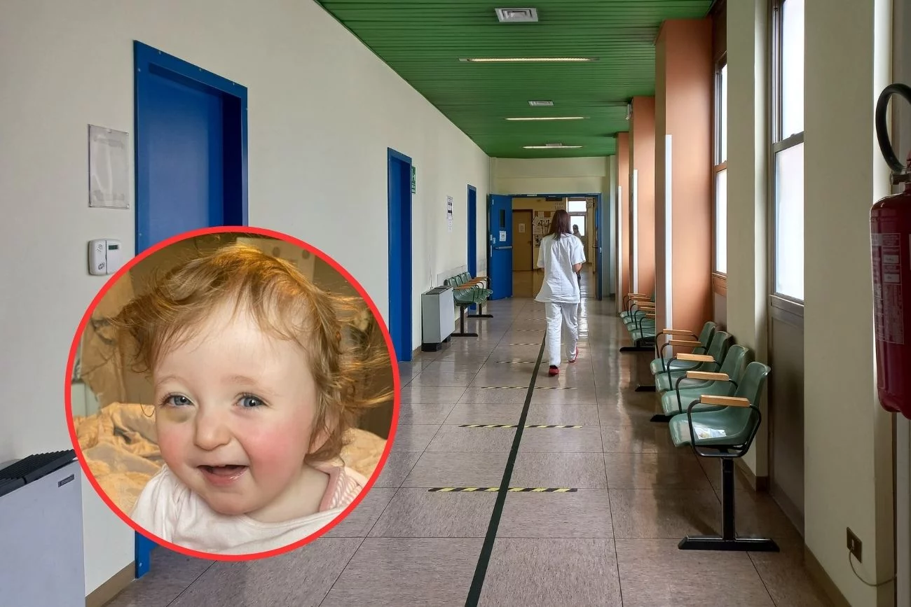 Mała Harper Walker z siniakiem pod okiem, w tle szpitalny korytarz.