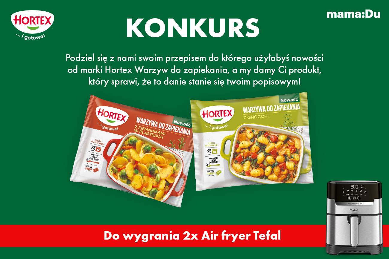 We współpracy z marką Hortex organizujemy konkurs na Facebooku, w którym, dzieląc się przepisem na Warzywa do zapiekania, można wygrać kuchenne urządzenie wielofunkcyjne TEFAL Easy Fry&Grill Air Fryer.