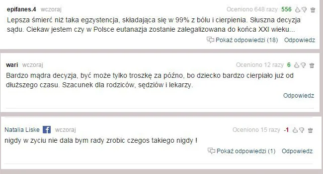 Komentarze internautów ws. decyzji o eutanazji dziecka
