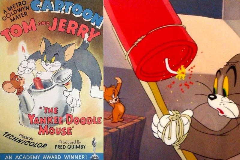 Plakat i kadr "The Yankee Doodle Mouse", pierwszego nagrodzonego Oscarem odcinka serialu "Tom i Jerry"