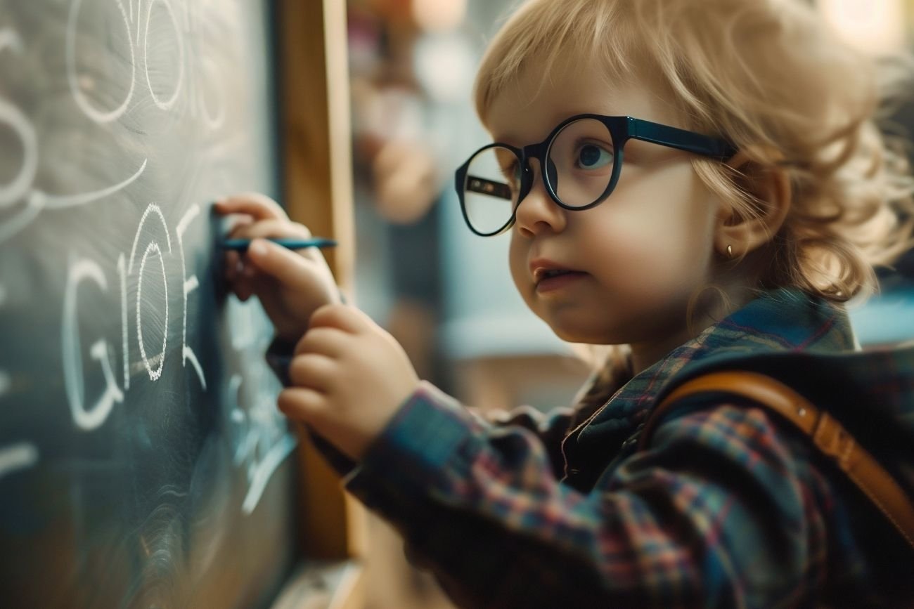 Mały geniusz stoi przy szkolnej tablicy