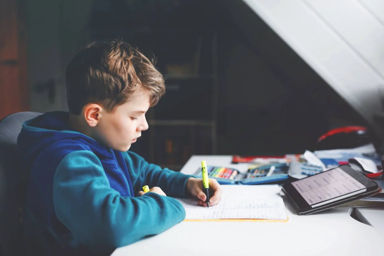 chłopiec uczy się w edukacji domowej