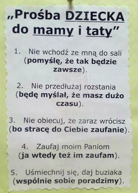 Prośba dziecka do mamy i taty zamieszczona w jednym z przedszkoli