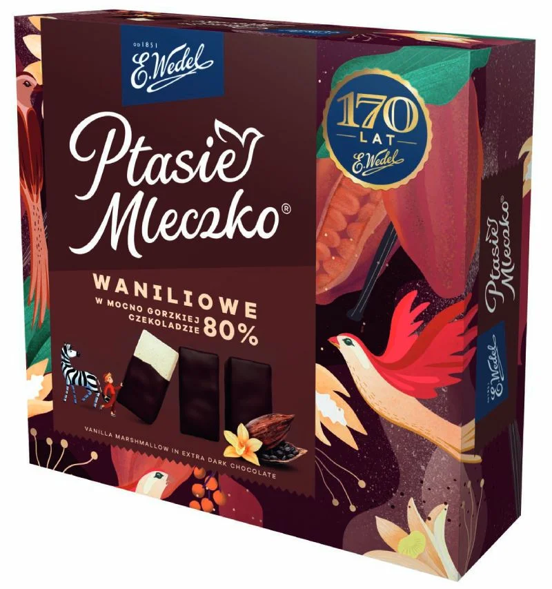 Ptasie Mleczko® Waniliowe w mocno gorzkiej czekoladzie 80%
Gramatura: 360 g