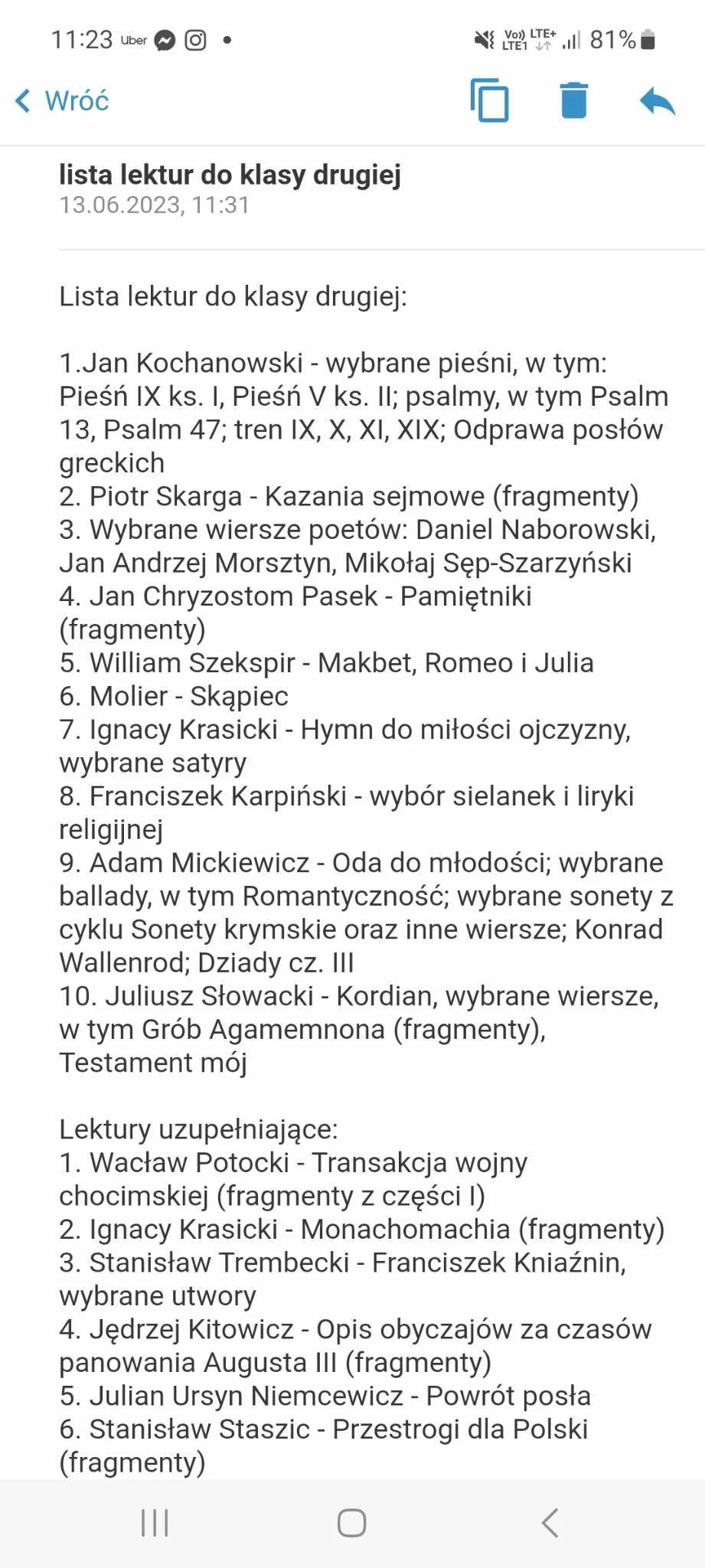 lista lektur do drugiej klasy liceum