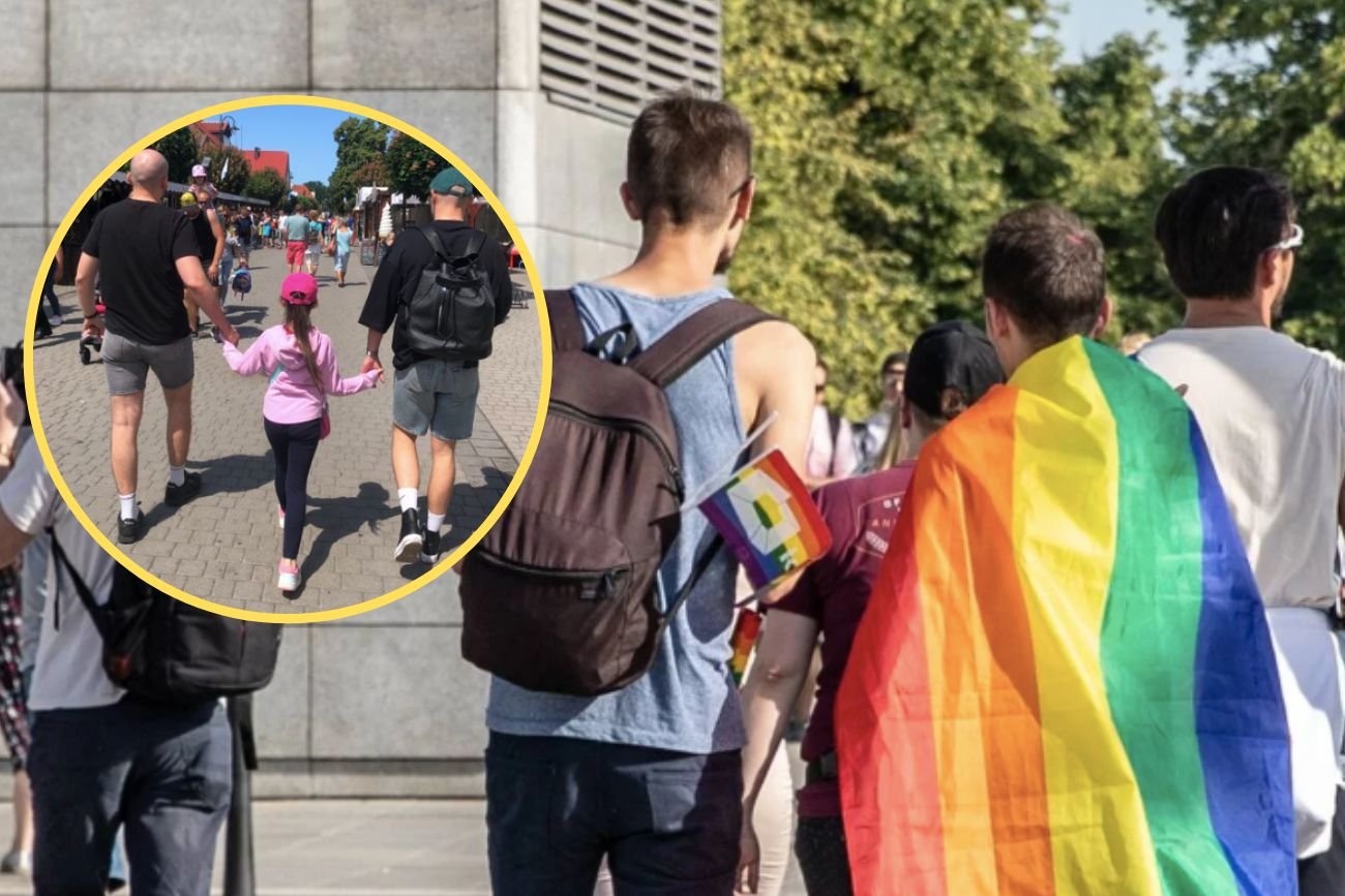 Mężczyźni z symbolami LGBT na Paradzie Równości.