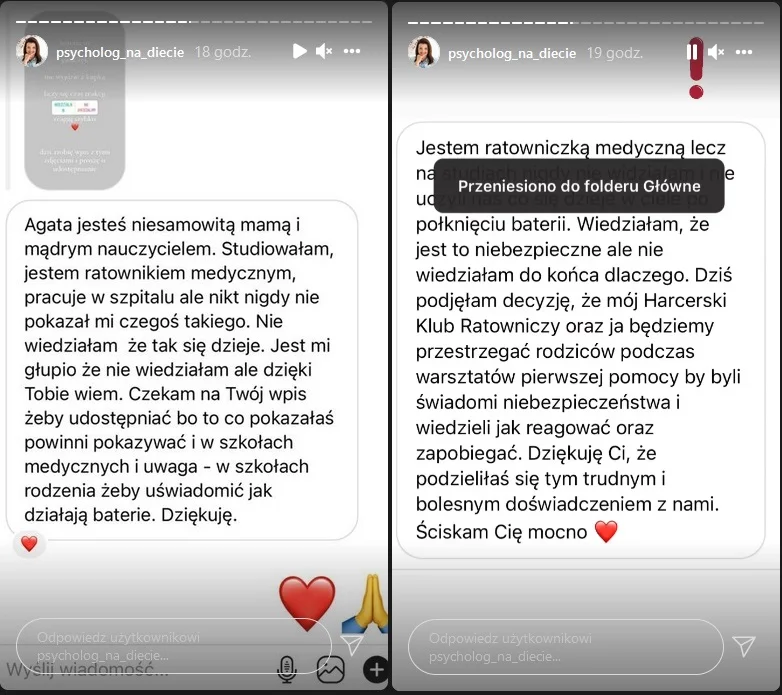 Wiadomości od ratowników medycznych, które otrzymała psycholog_na_diecie - pokazane zostały na instagramowym Stories.