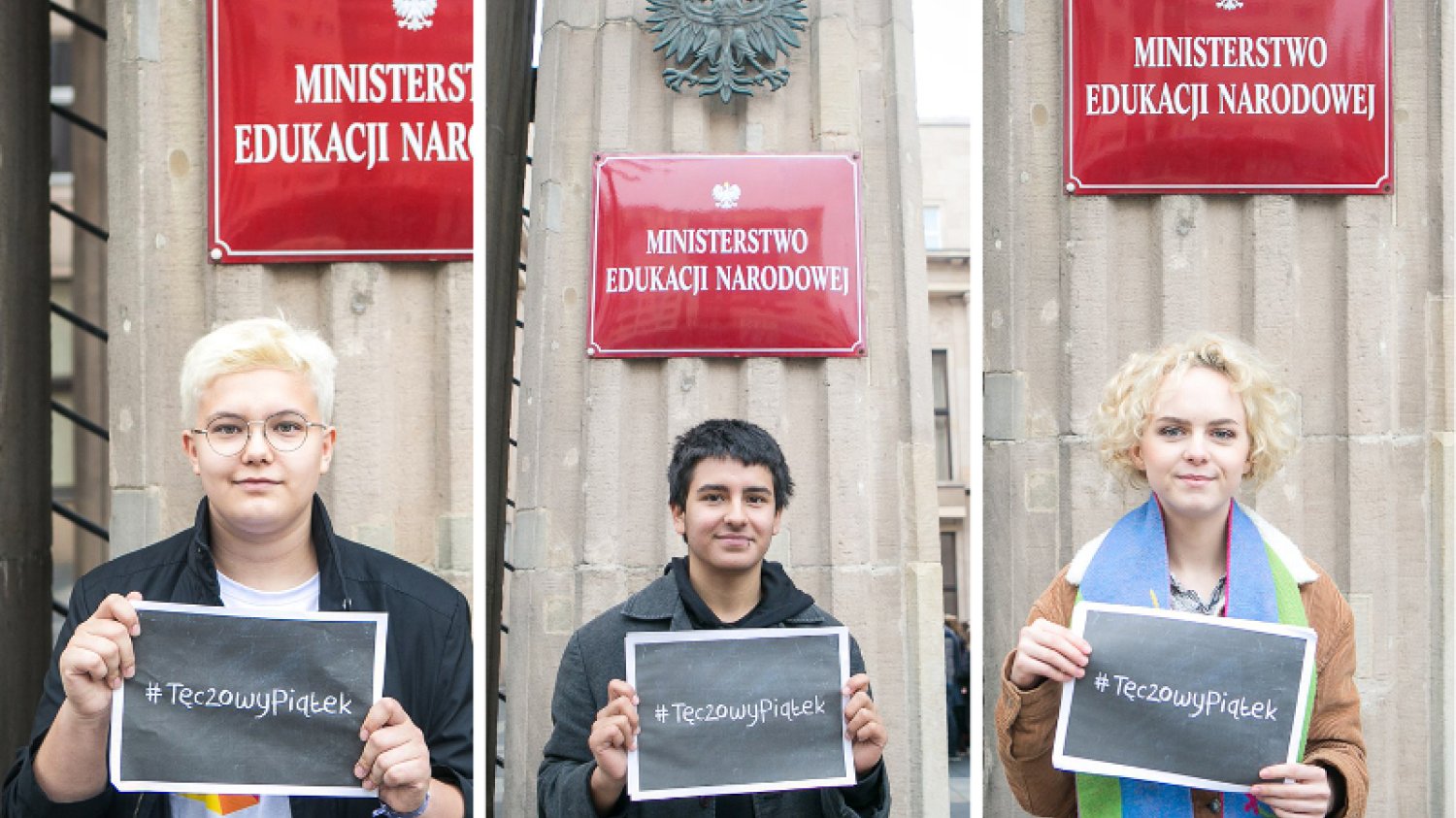 Od lewej: Leo Kulicki, Elliot Ruiz Vidales i Nina Szewczyk pod Ministerstwem Edukacji Narodowej