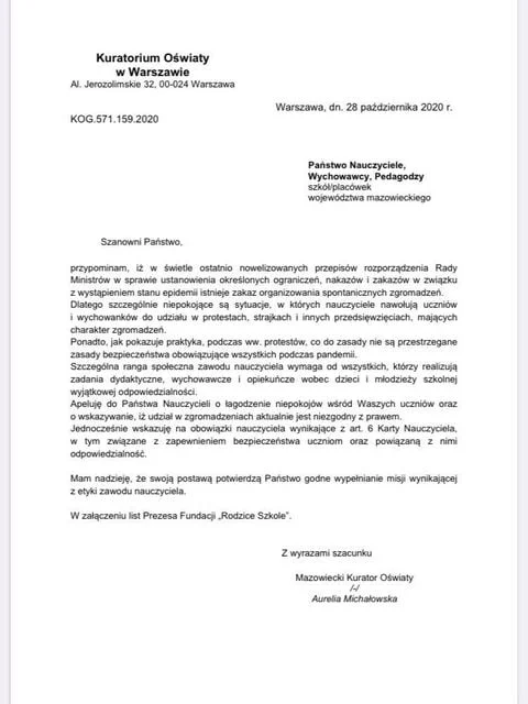 List Małopolskiej Kurator Oświaty do Nauczycieli