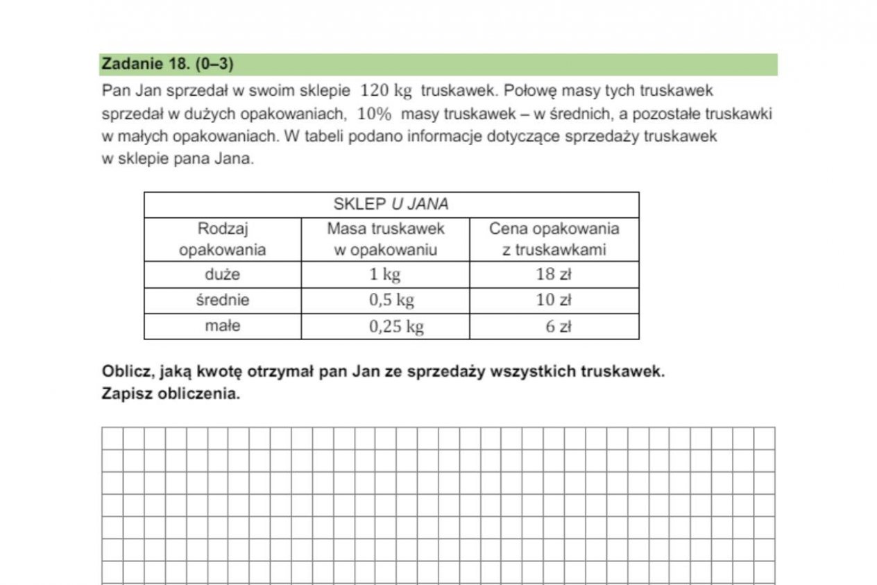 Zadanie z truskawkami z egzaminu ósmoklasisty.