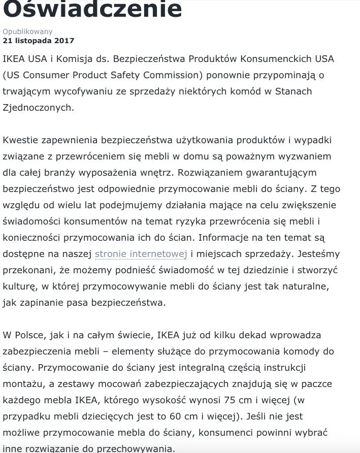 Oświadczenie sieci IKEA w Polsce.