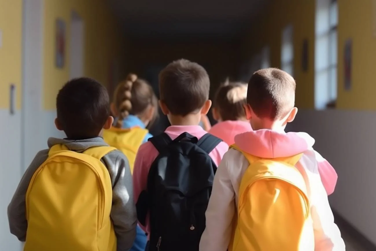 Uczniowie idący szkolnym korytarzem do klasy na lekcję.