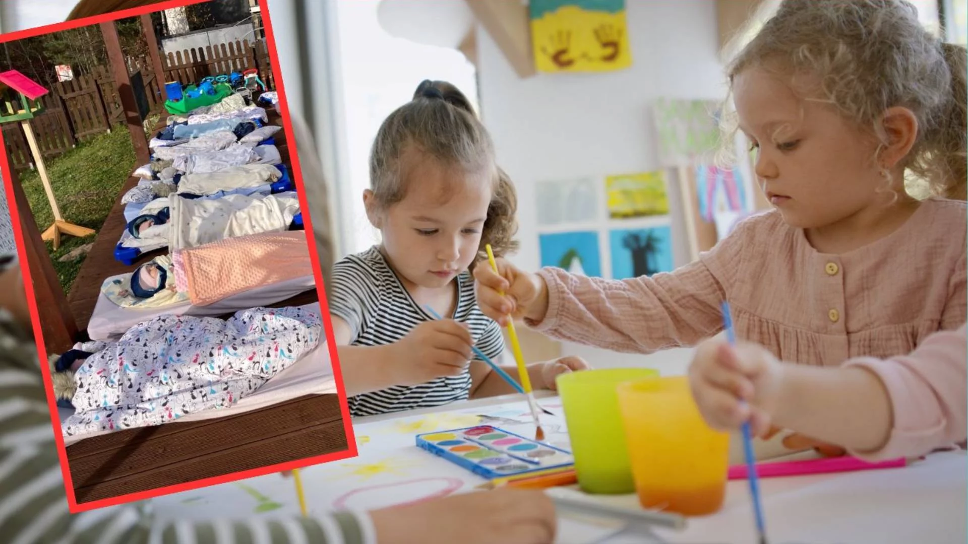 dzieci w przedszkolu podczas leżakowania śpią na świeżym powietrzu dzieci w przedszkolu podczas leżakowania śpią na świeżym powietrzu