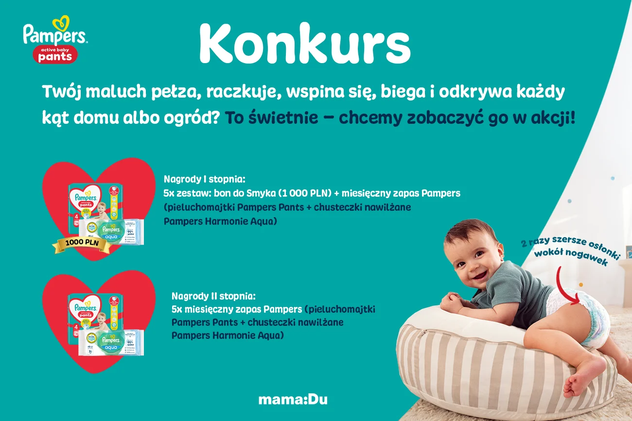 We współpracy z marką Pampers organizujemy konkurs na Facebooku, w którym można wygrać bony do sklepów sieci SMYK oraz miesięczne zapasy Pampers.