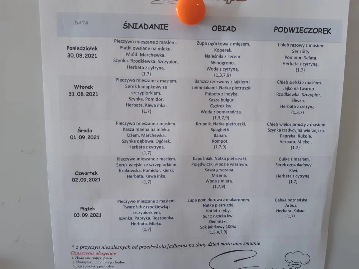 Jadłospis w przedszkolu mojego synka.