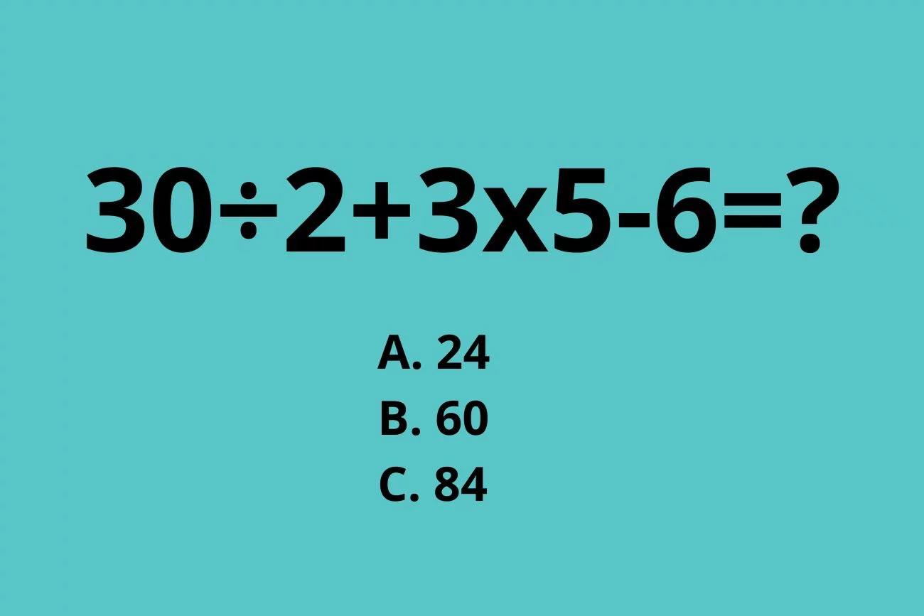 Zagadka matematyczna: ile to jest 30÷2+3x5-6? Zagadka matematyczna: ile to jest 30÷2+3x5-6?