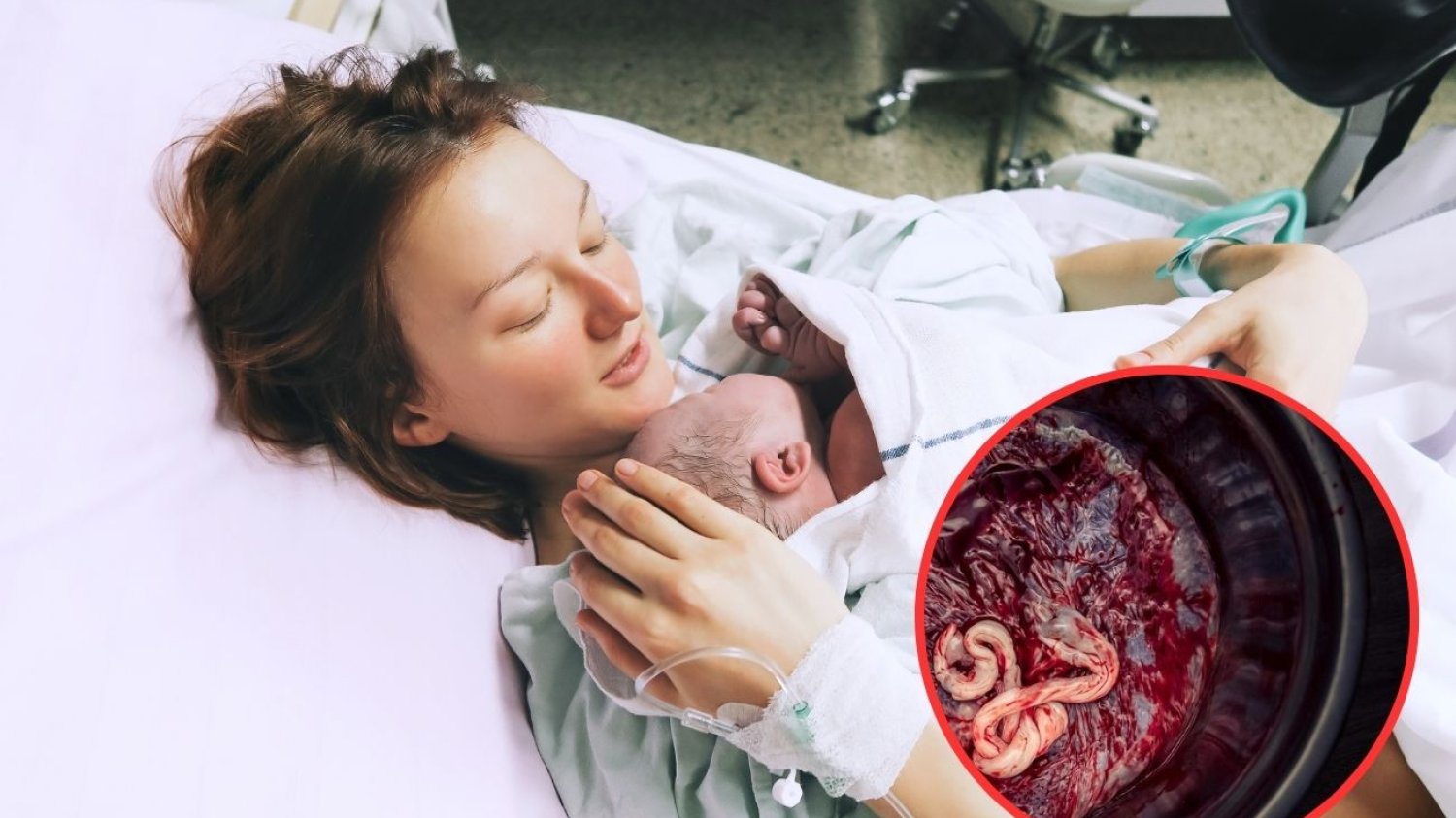 Kobieta trzyma po porodzie noworodka na piersi.