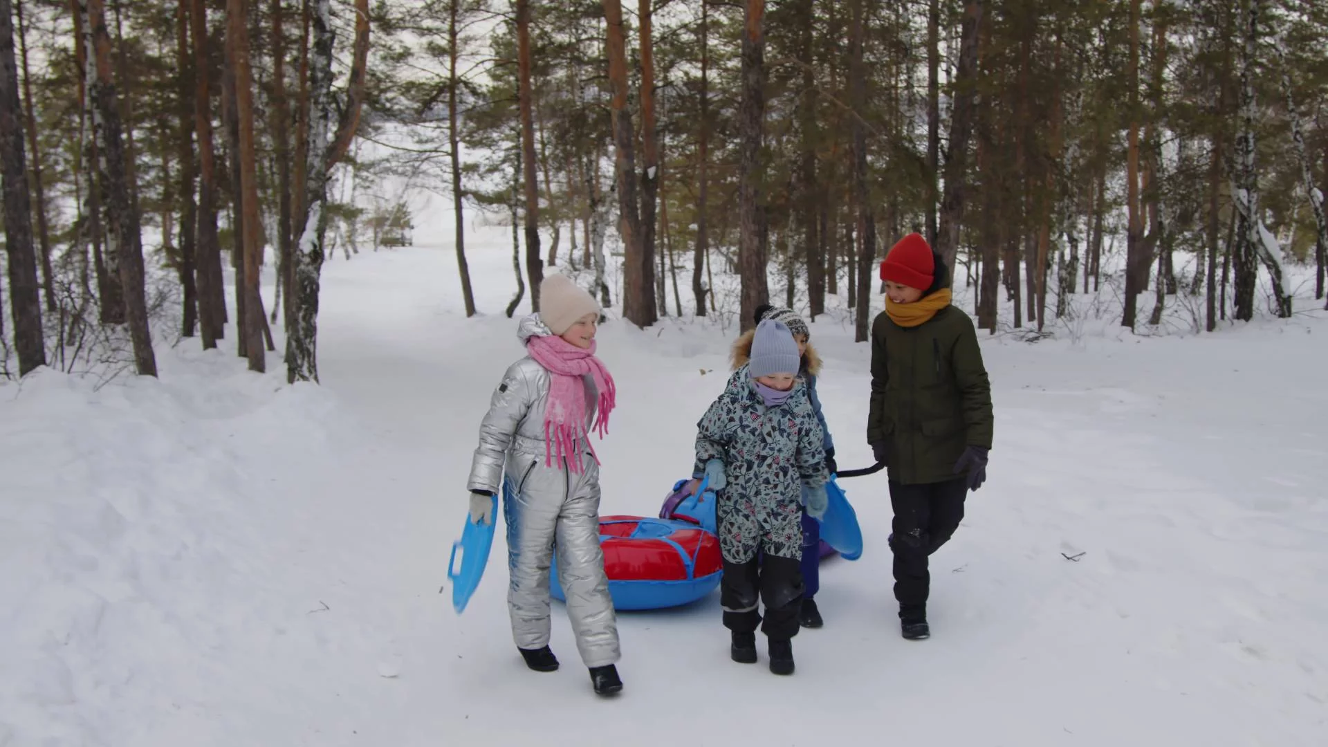 dzieci idą z sankami przez śnieg w lesie