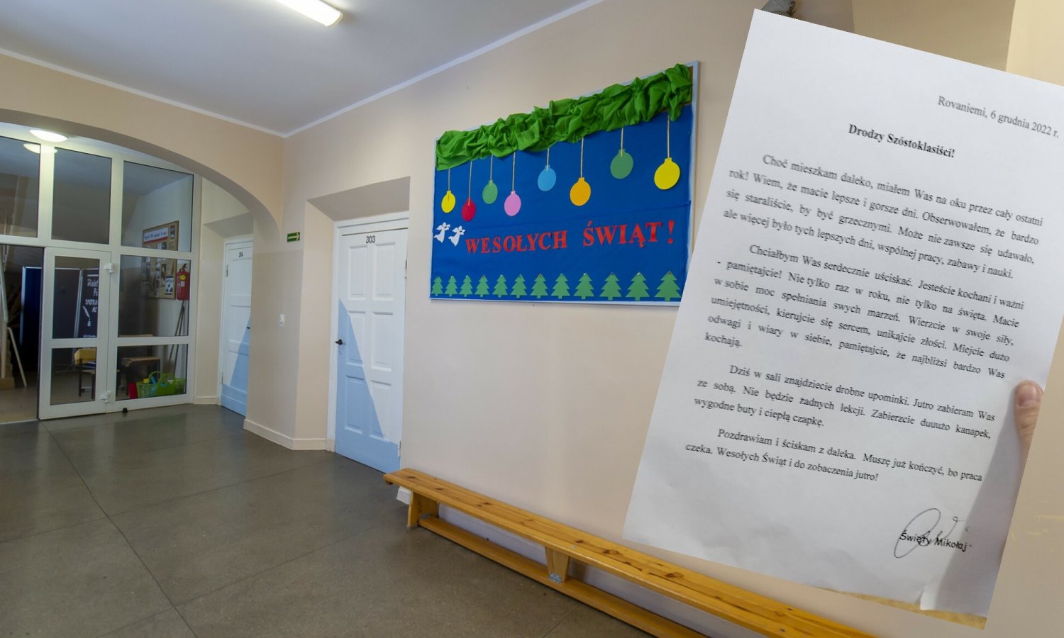 Korytarz szkolny/ Kartka z listem.