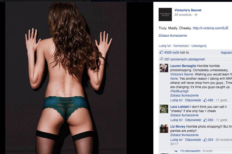 Brakujący pośladek modelki niektórym nie przeszkadza, żeby zachwycać się bielizną marki...