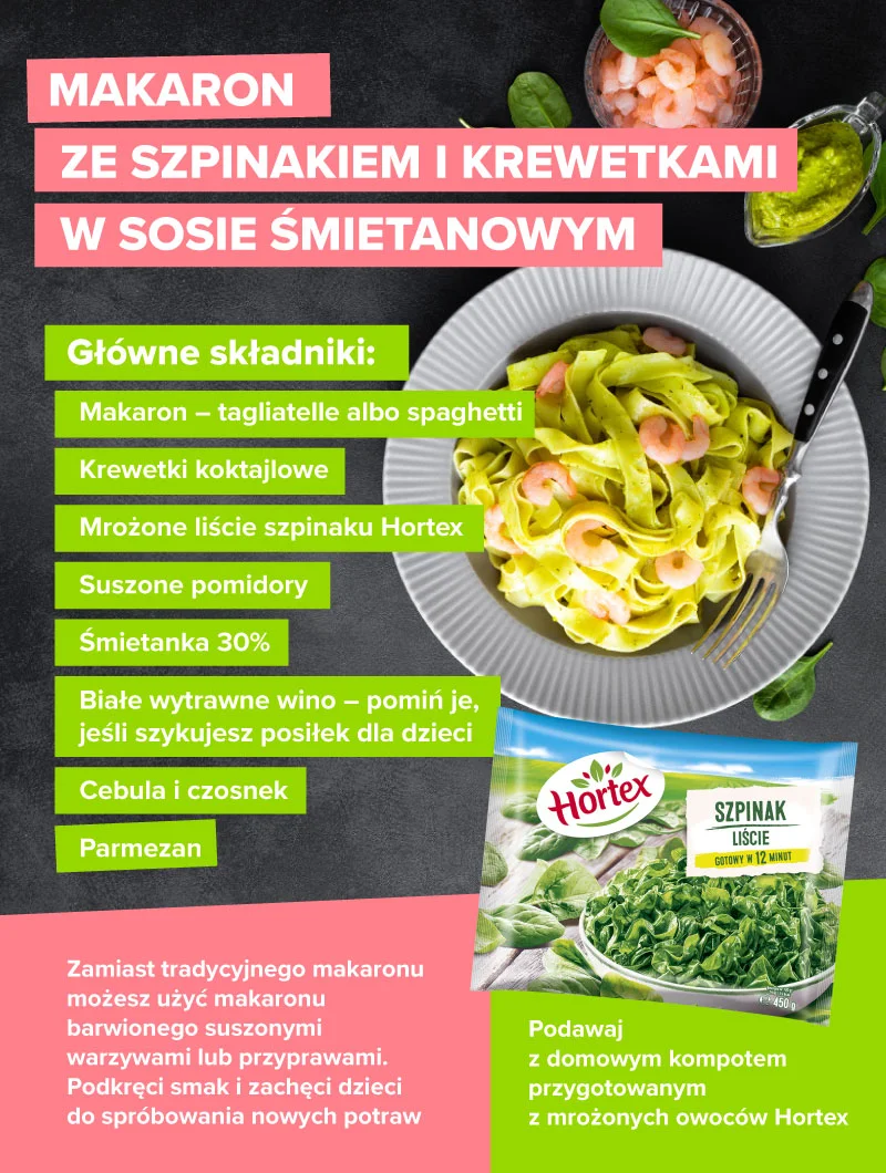 Makaron ze szpinakiem i krewetkami w sosie śmietanowym