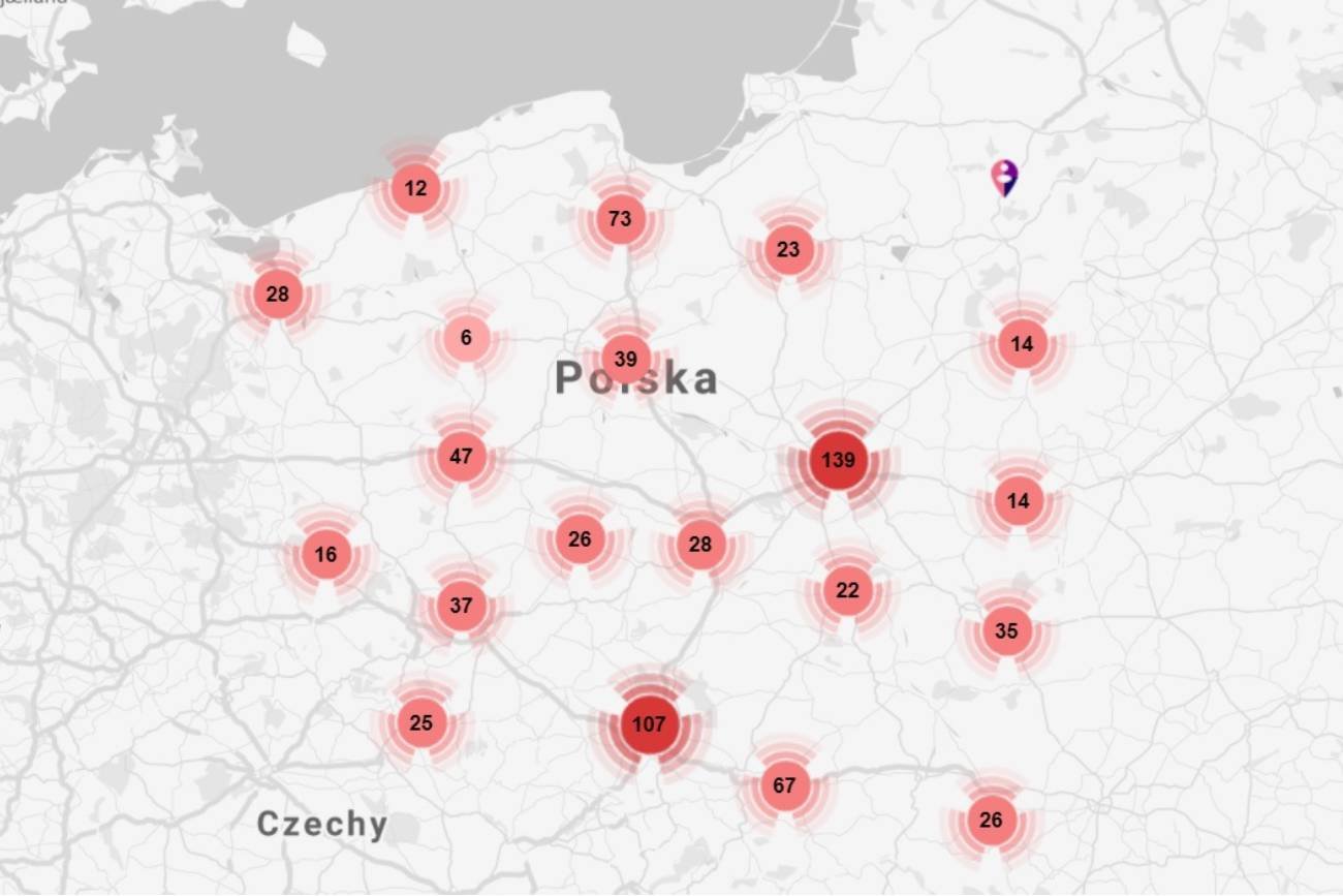 Mapa szkół, punkty zaznaczone na czerwono