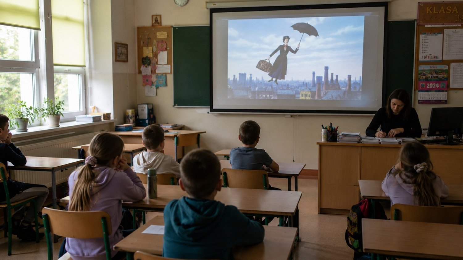 Na zdjęciu klasa ogląda film