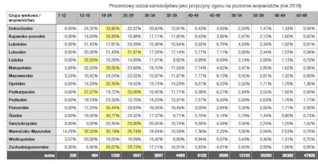 Samobójstwa według województw - statystyka Polska 2019
