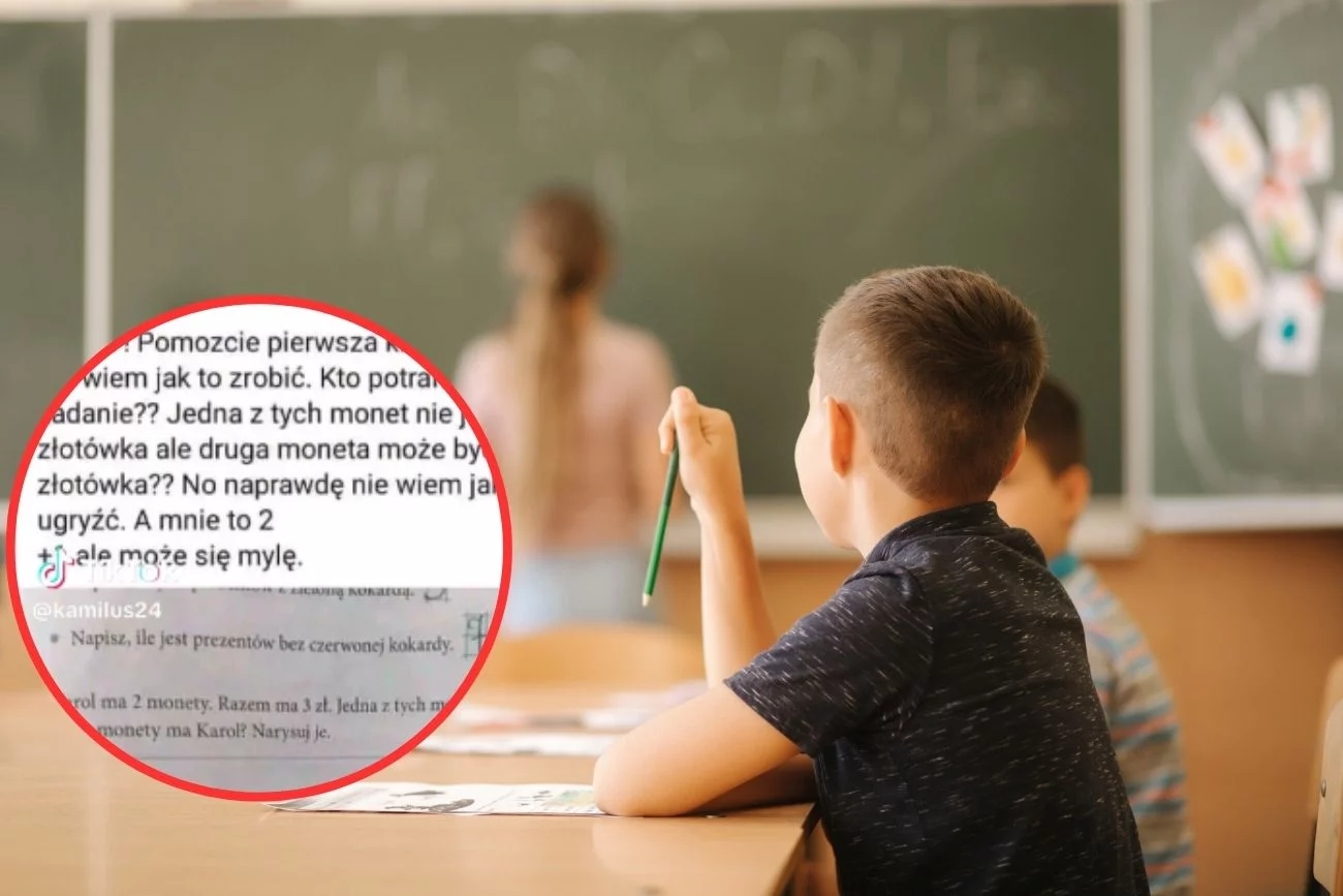 Uczniowie na lekcji w klasie siedzą w ławkach.
