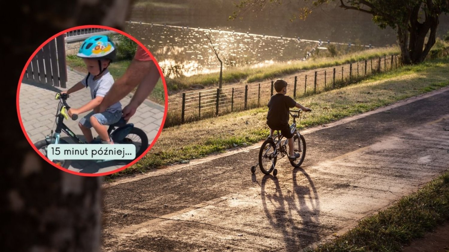 Chłopiec uczy się jeździć na rowerze z dwoma kołami.