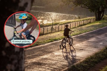 Chłopiec uczy się jeździć na rowerze z dwoma kołami.