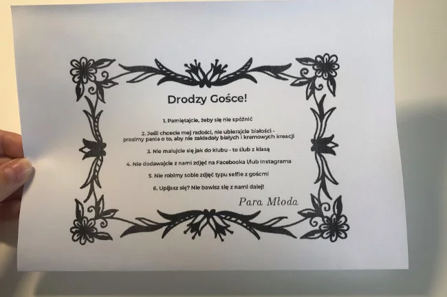 Oto lista zasad dołączona do zaproszenia na ślub