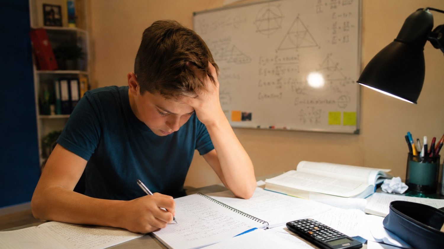 3 rzeczy do powtórzenia przed egzaminem 8 klas z matematyki. Tego twoje dziecko boi się najbardziej Na zdjęciu chłopiec powtarzający do egzaminu.