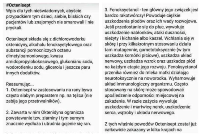 Post z mylnymi informacjami na temat Octeniseptu, jaki krąży w sieci