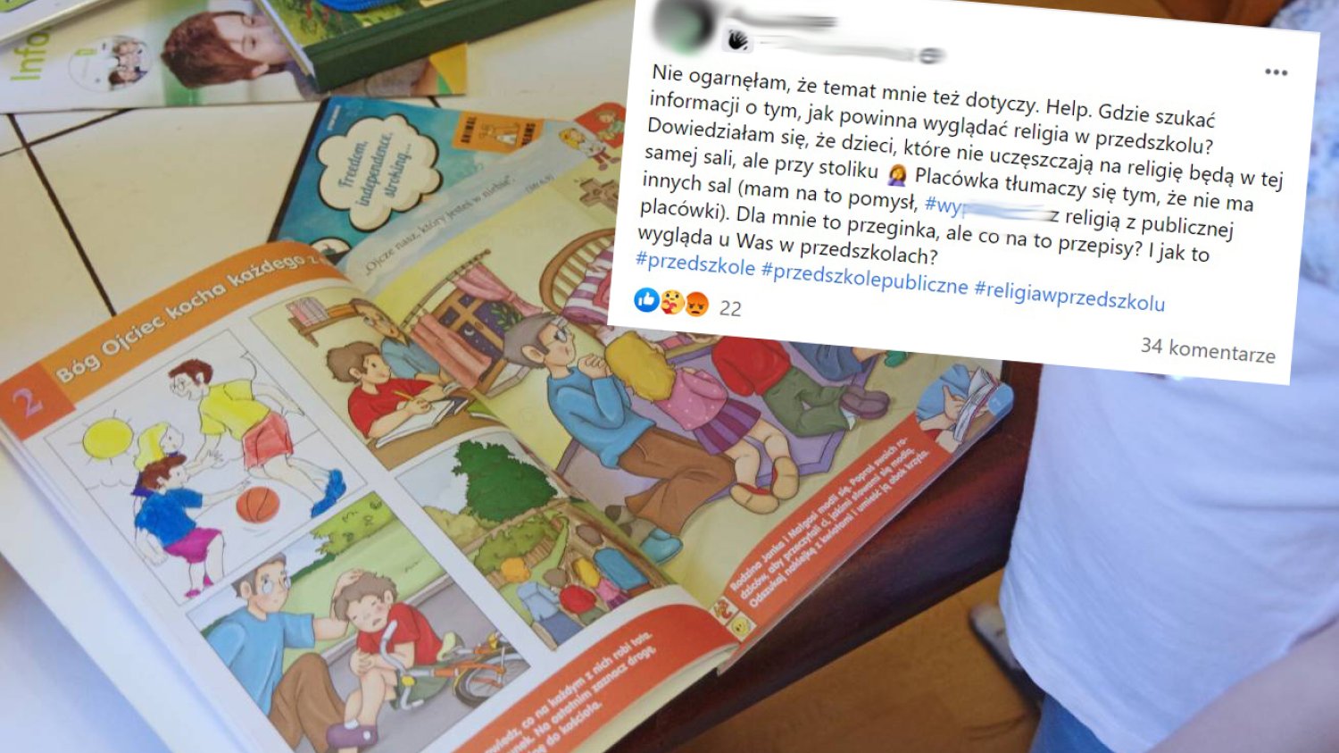 Podręcznik do religii i zrzut ekranu z Facebooka